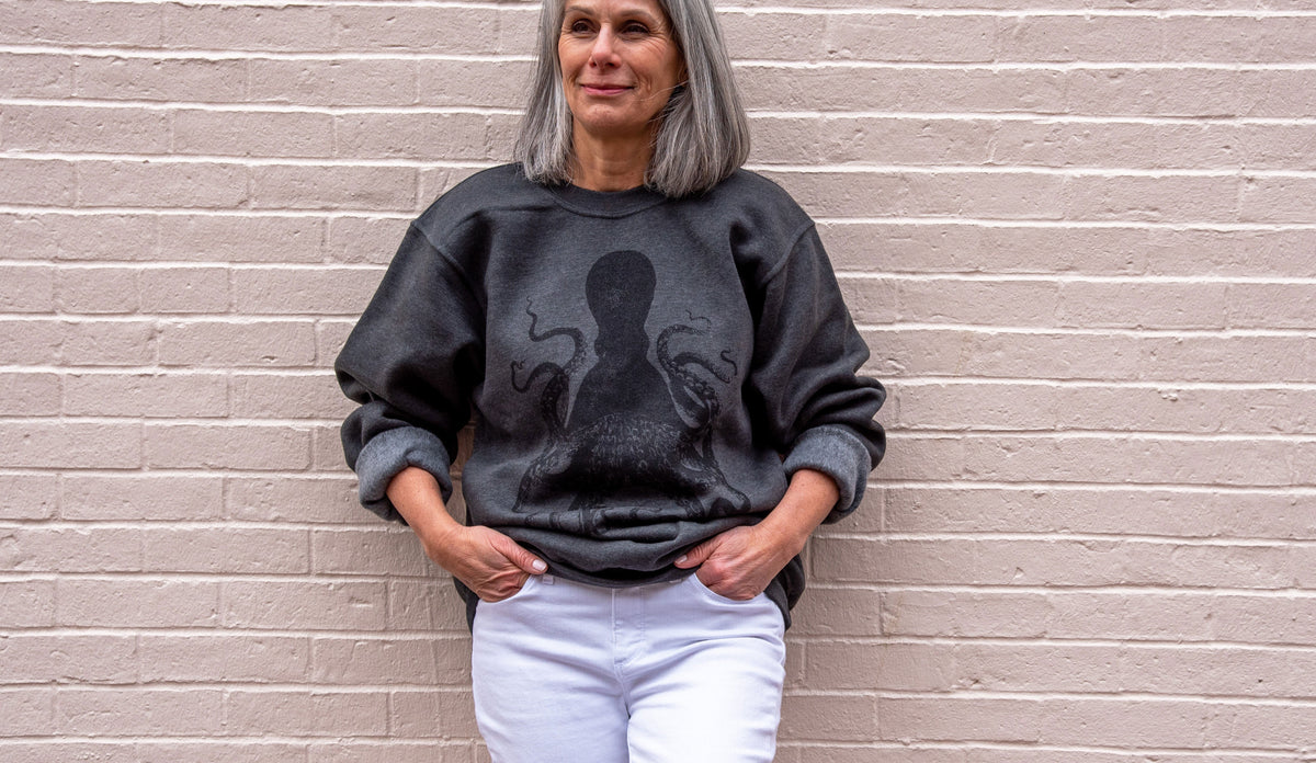 Women's sweatshirt, gray (or grey), with octopus design