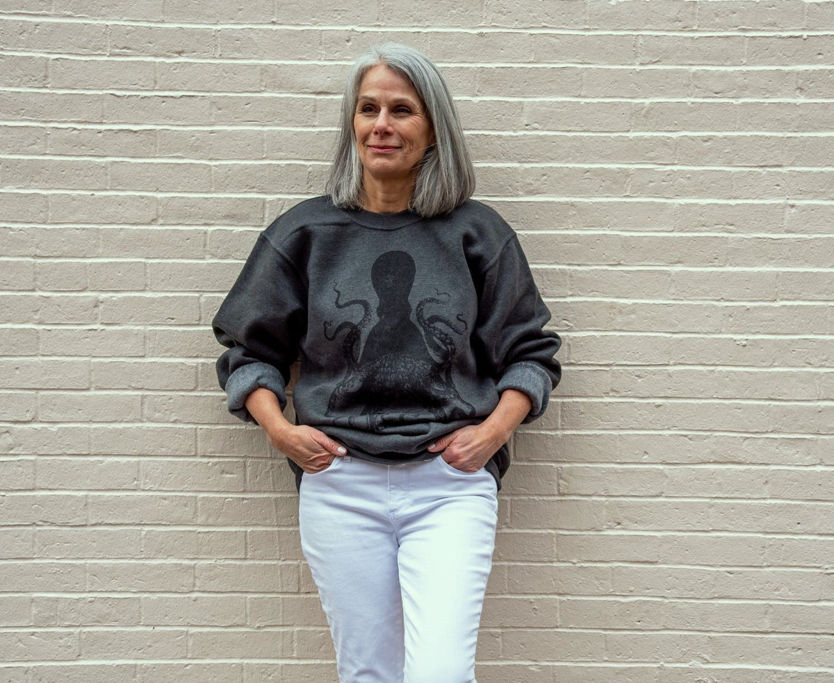 Women's sweatshirt, gray (or grey), with octopus design