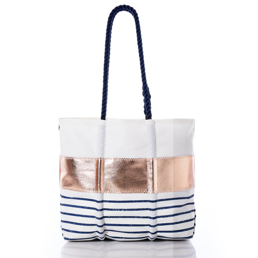 Custom Monogram Rose Gold-on-Navy Mariner Stripe Medium Tote