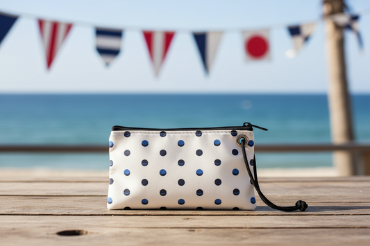 polka-dot wristlet on a beach table in summer