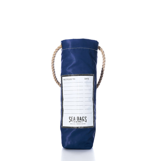 Blue recycled sail cloth Sea Bags Lobster Lights Wine Bag with rope handles and a white label printed with “RECYCLED TO,” “DATE,” and a brand logo.