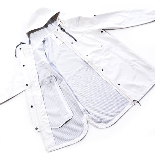 White jacket with zippers and mesh details on a white background