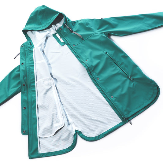 teal raincoat open to show inside