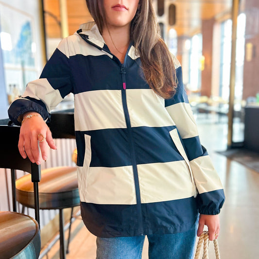 Harborside Waterproof Raincoat - Stripe Navy & White
