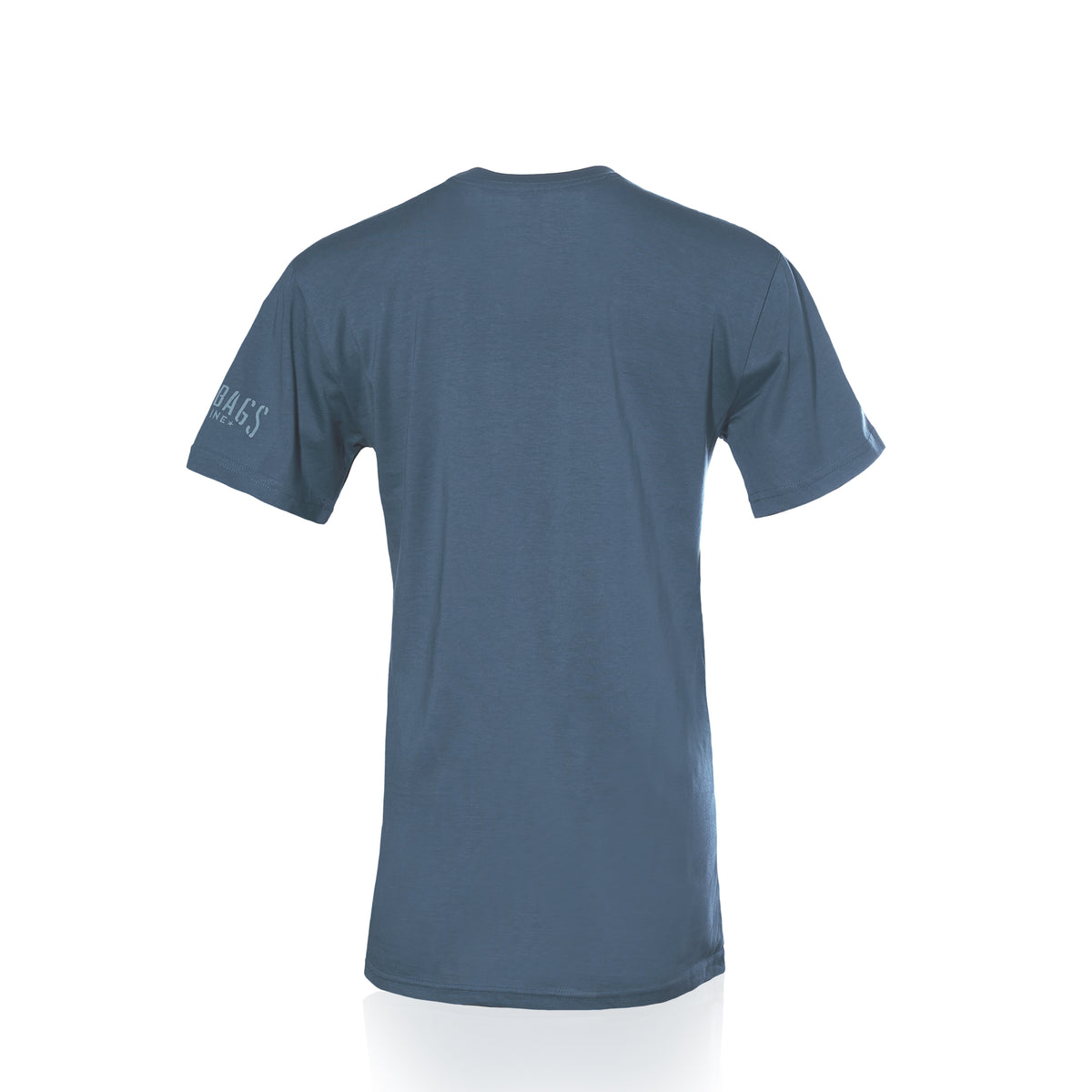 Back view of the Sea Bags 06 Octopus T-Shirt by 320Ink d/b/a Riptide Print Company, plain blue, 100 cotton, white text on left sleeve, on white background.