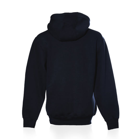 Back view of a plain dark blue Sea Bags Sailing Team Hoodie with the hood up.