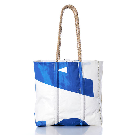 The Sea Bags Vintage USA Medium Tote is a white and blue handcrafted bag featuring hand-spliced rope handles, a geometric pattern, and visible stitching—expertly photographed on a white background, making it the perfect choice for those who value Maine-made craftsmanship. by Sea Bags