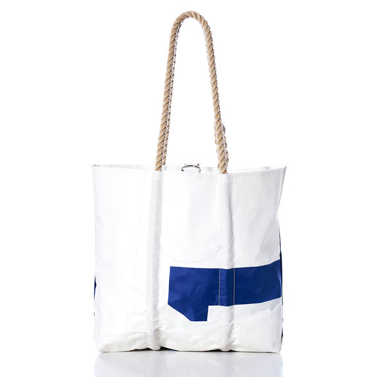 Sea Bags Vintage 31 Medium Tote, featuring a blue geometric pattern on white sailcloth with original sail insignia, hand-spliced rope handles, and visible stitching, displayed against a white background. by Sea Bags