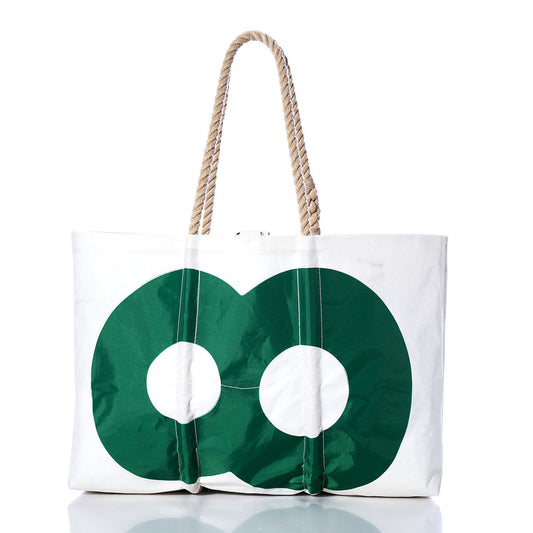 Handcrafted in Maine from durable sailcloth, the Sea Bags Vintage Green 88 Large Tote features thick rope handles and a distinctive green circular design on the front; this tote combines classic style with sturdy craftsmanship and is photographed against a white background. by Sea Bags