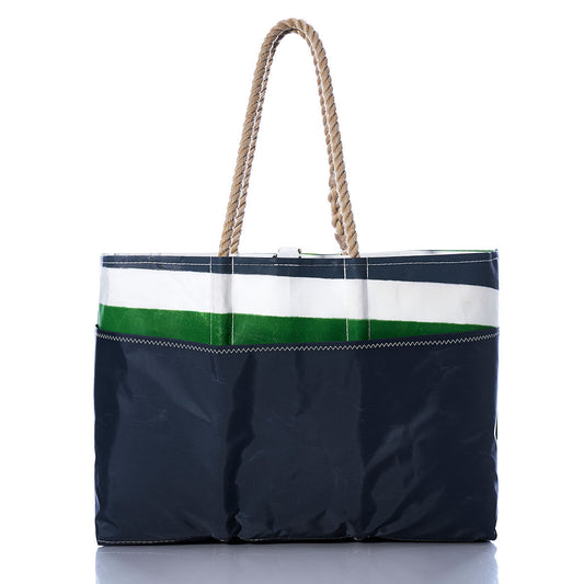 Sea Bags Vintage VAN Ogunquit Beach Tote—a navy beach bag made from recycled sail cloth, featuring rope handles and a glossy finish, with a white and green horizontal stripe near the top, shown against a white background. by Sea Bags