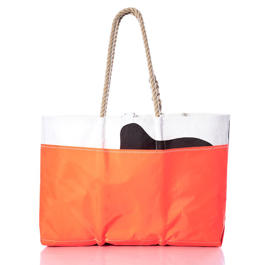 Sea Bags Vintage Crealock 34 Ogunquit Beach Tote featuring a bold orange lower half, a white upper section made from recycled sail cloth, a striking black abstract design, and sturdy rope handles, shown on a white background. by Sea Bags