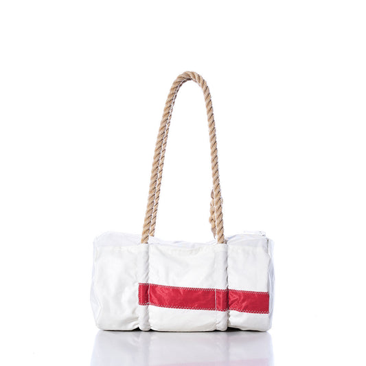 The Vintage 41 Baguette Bag by Sea Bags is a white tote featuring a bold red diagonal stripe and two thick, hand-spliced hemp rope handles, displayed on a white background. by Sea Bags