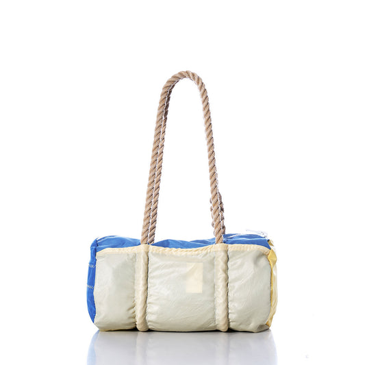 Vintage yellow and blue baguette bag by Sea Bags featuring padded panels, rope handles, and a glossy finish—displayed against a white background. by Sea Bags