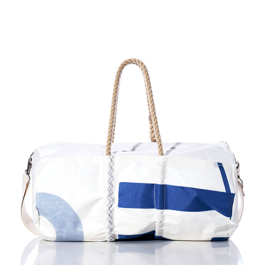 The Sea Bags Vintage 12 Duffel, crafted from recycled sail cloth in white and blue, features sturdy hemp rope handles and a convenient shoulder strap, displayed on a white background. by Sea Bags