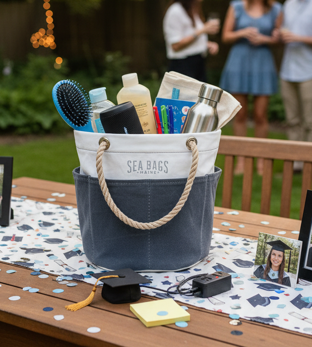 Navy blue bucket with supplies on a table outdoors with people in the background