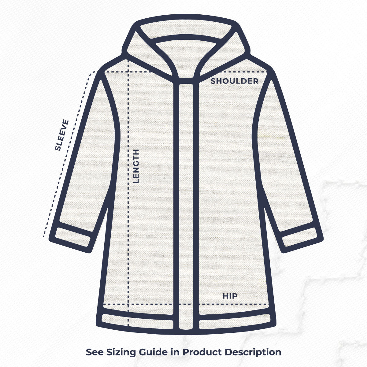 Line drawing of Harborside Waterproof Raincoat - Fuchsia by Batela USA Inc labels sleeve, shoulder, length hip. Text: “See Sizing Guide in Product Description.”.