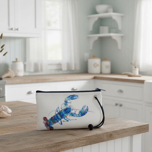 blue lobster wristlet on kitchen counter