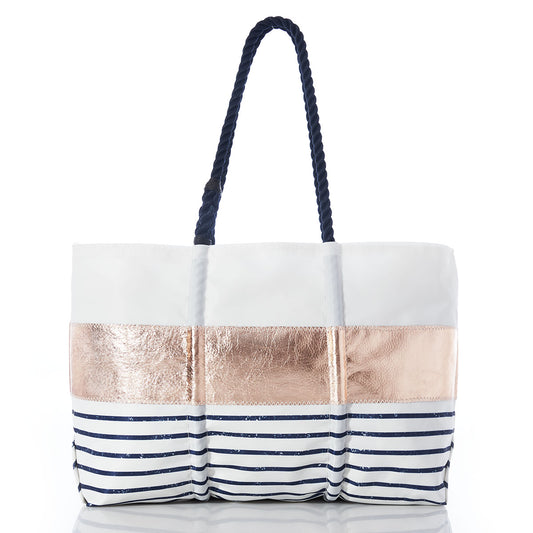 Rose Gold-on-Navy Mariner Stripe Large Tote
