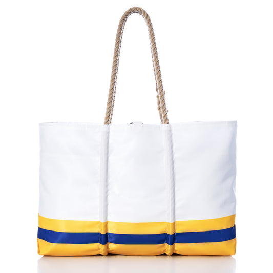 Sea Bags Los Angeles Rams Tailgate Tote, made from recycled sail cloth and featuring yellow and blue stripes near the bottom, with sturdy rope handles, shown against a white background. by Sea Bags