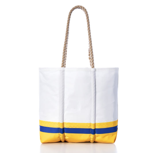 Sea Bags Los Angeles Rams Medium Tote, expertly crafted from recycled sail cloth, features tan rope handles and a yellow base with a blue stripe, and is photographed on a plain white background. by Sea Bags
