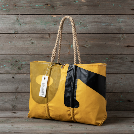 Vintage Yellow and Black 7 Large Tote on weathered barn board
