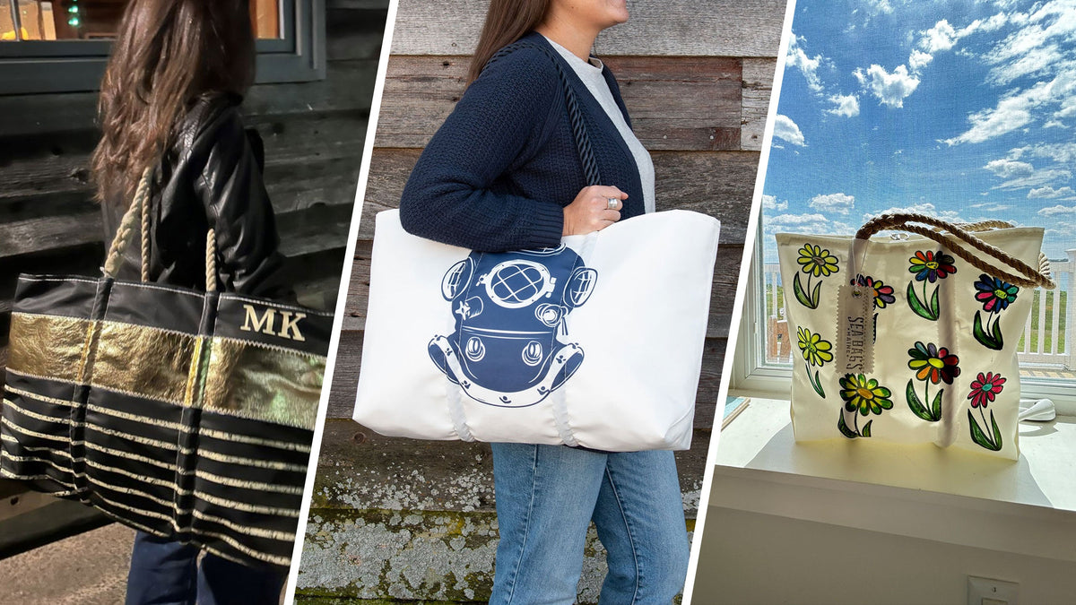 custom-designed artistic totes made from reclaimed sail cloth