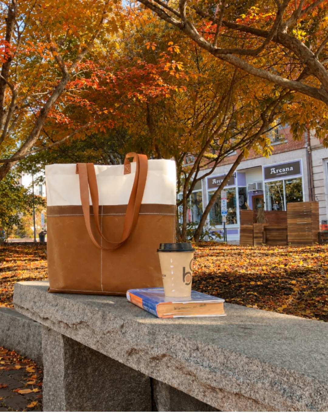 A brown and white tote bag, two books, and a coffee cup rest on a stone bench under autumn trees in front of a bookstore. Fallen leaves cover the ground.