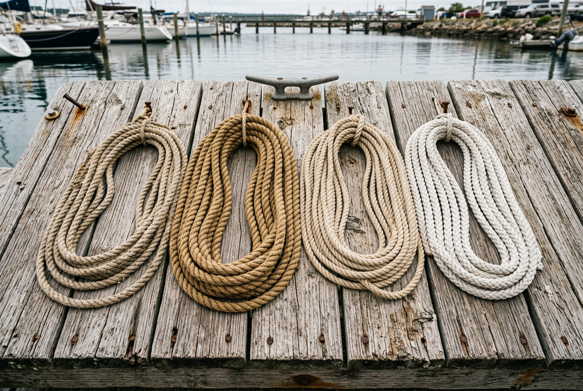 Four coils of nautical rope in varying shades of brown and white sitting on a wooden dock at a marina.