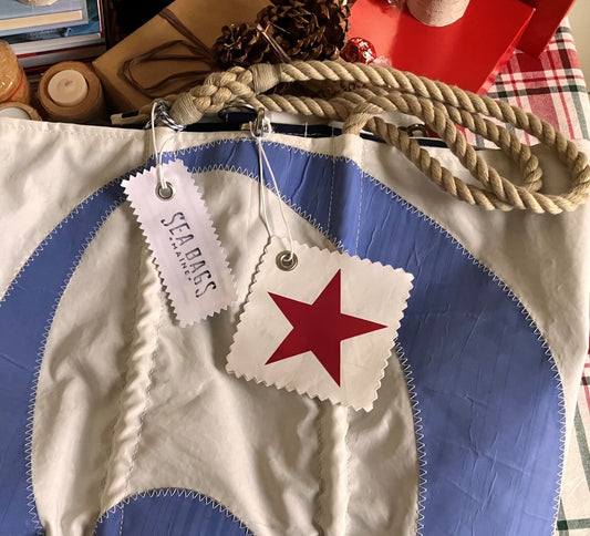 sea bags red star gift tag on a vintage tote