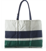 The Sea Bags Navy  Green Stripe Large Tote is crafted from durable sailcloth and features white, navy blue, and green horizontal stripes, navy blue rope handles, and visible white stitching along the seams. by Sea Bags