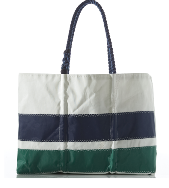 The Sea Bags Navy  Green Stripe Large Tote is crafted from durable sailcloth and features white, navy blue, and green horizontal stripes, navy blue rope handles, and visible white stitching along the seams. by Sea Bags
