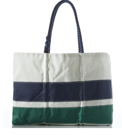 The Sea Bags Navy  Green Stripe Large Tote is crafted from durable sailcloth and features white, navy blue, and green horizontal stripes, navy blue rope handles, and visible white stitching along the seams. by Sea Bags