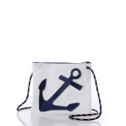 The Sea Bags Navy Anchor Slim Crossbody Bag, crafted from white sail cloth with a navy anchor applique, features an adjustable and detachable strap, secure zipper closure, and is displayed against a plain white background. by Sea Bags