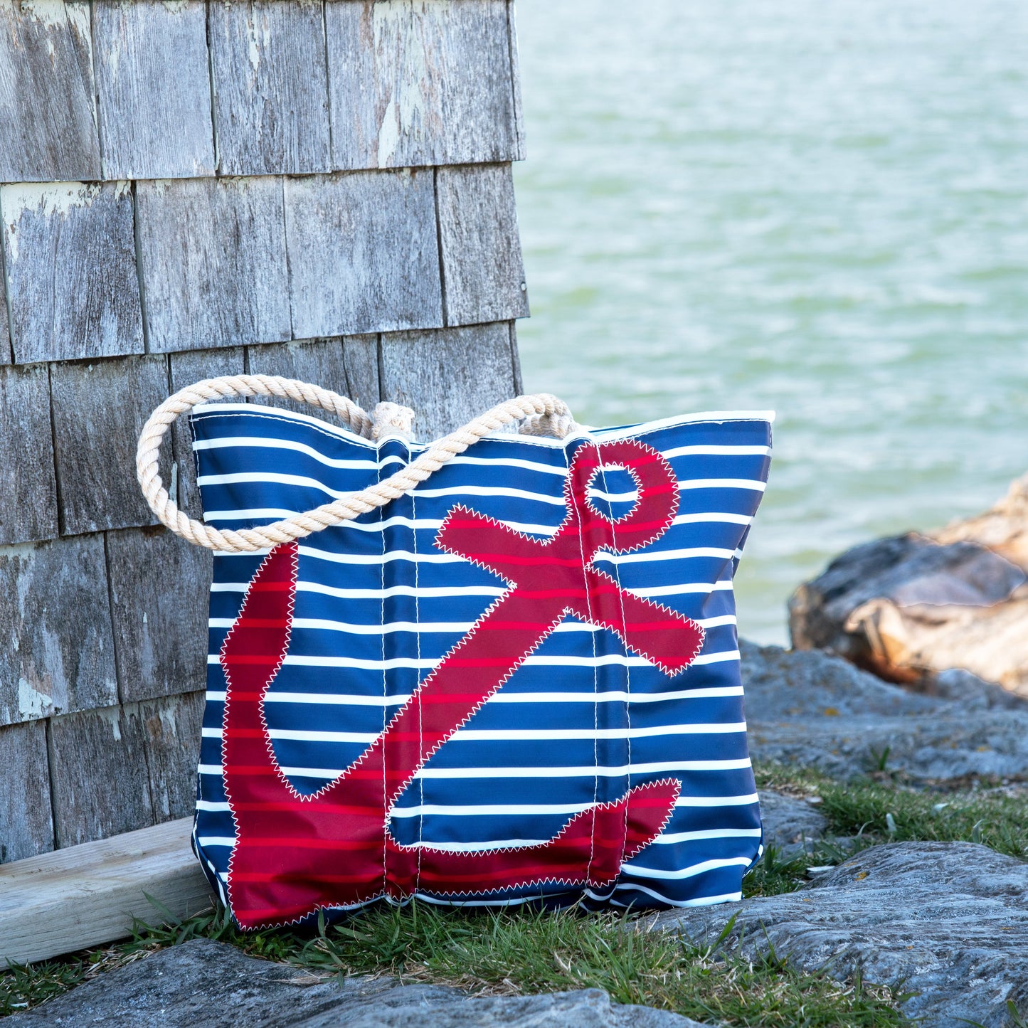Red Anchor on Navy Stripes Medium Tote