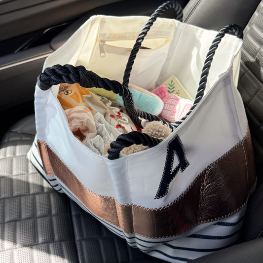 custom rose gold monogram tote bag for family, kids, beach, car trips, outings carryall 