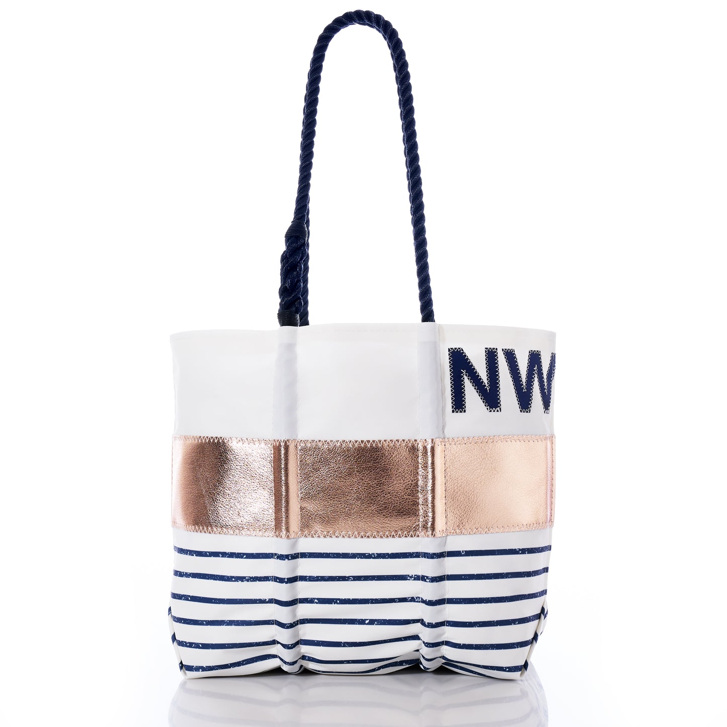 Custom Monogram Rose Gold-on-Navy Mariner Stripe Medium Tote