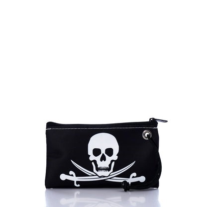 The Sea Bags Jolly Roger Wristlet is a small black zippered pouch featuring a white skull and crossed swords graphic in classic pirate style, shown against a white background. by Sea Bags