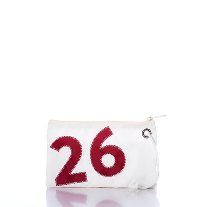 Celebrate the Class of 2026 with the Red 2026 Graduation Wristlet by Sea Bags—a white zippered pouch expertly crafted from recycled sail cloth, featuring a sturdy rope wrist strap and a bold red 26 stitched on the front. This unique accessory makes a thoughtful and personalized graduation gift. by Sea Bags