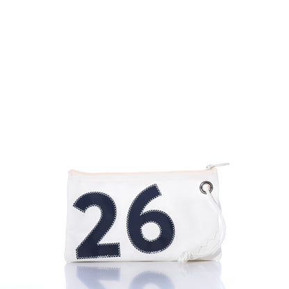 The Navy 2026 Graduation Wristlet by Sea Bags is a small white zippered pouch featuring a rope loop and bold navy 26 on the front, expertly crafted from recycled sail cloth for an eco-friendly touch—an ideal earth-conscious organizer and the perfect gift for a 2026 graduate, shown here against a white background. by Sea Bags