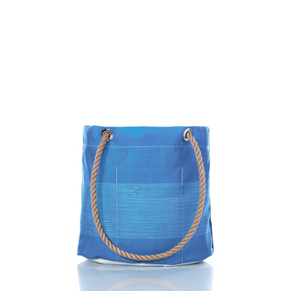 Sea Bags Life is Good Dog Days Essential Handbag—a stylish blue tote crafted from recycled sailcloth, featuring rope handles and shown against a white background for an eco-friendly statement accessory. by Sea Bags