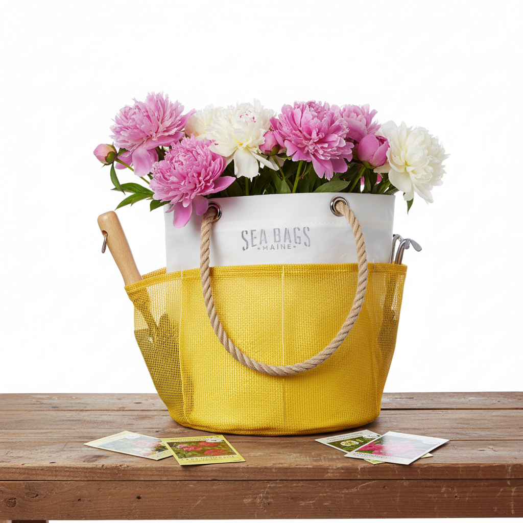yellow gardeners tool bucket with mesh pockets all weather