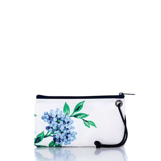 Wristlet with blueberry floral design on a white background