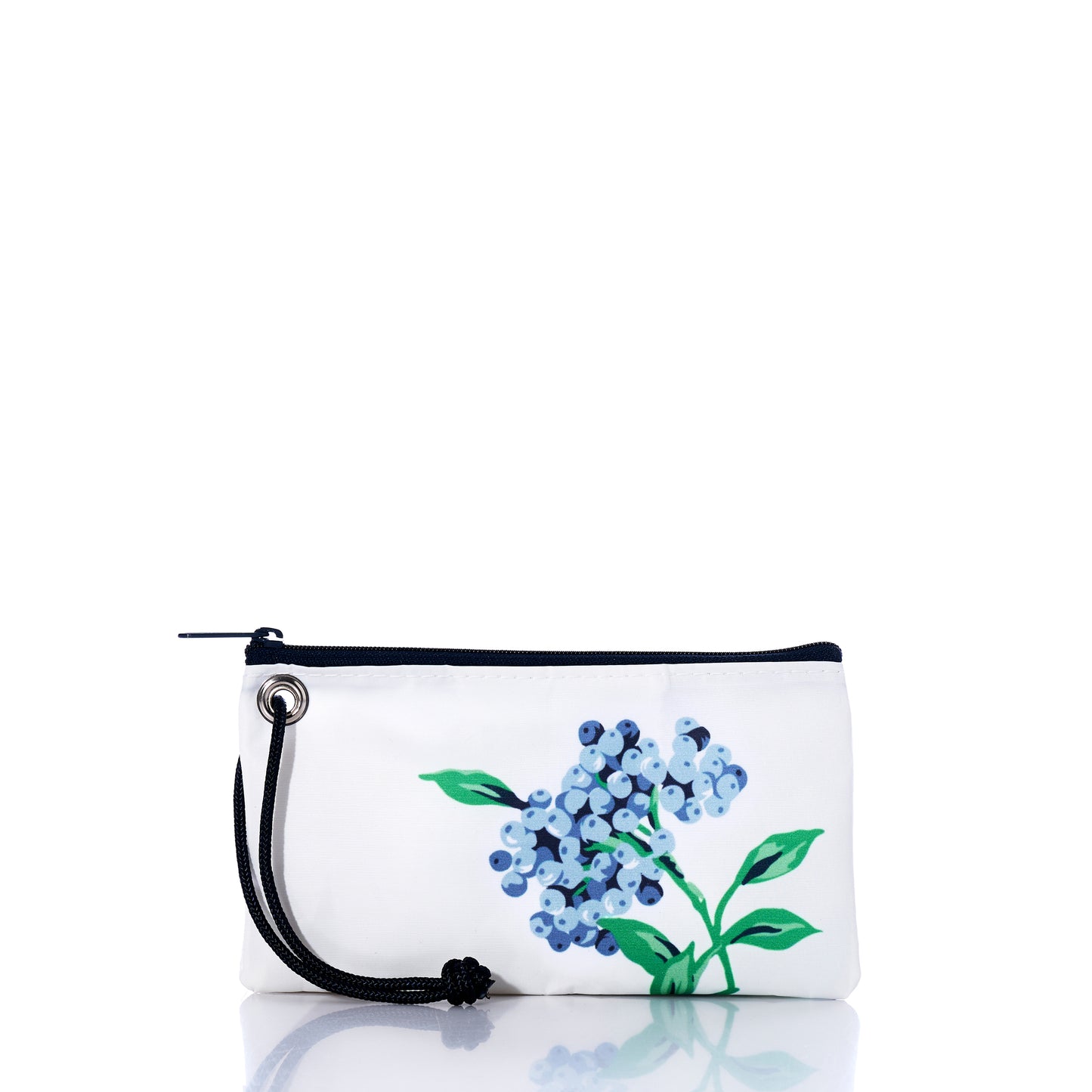 White pouch with blue floral design on a white background