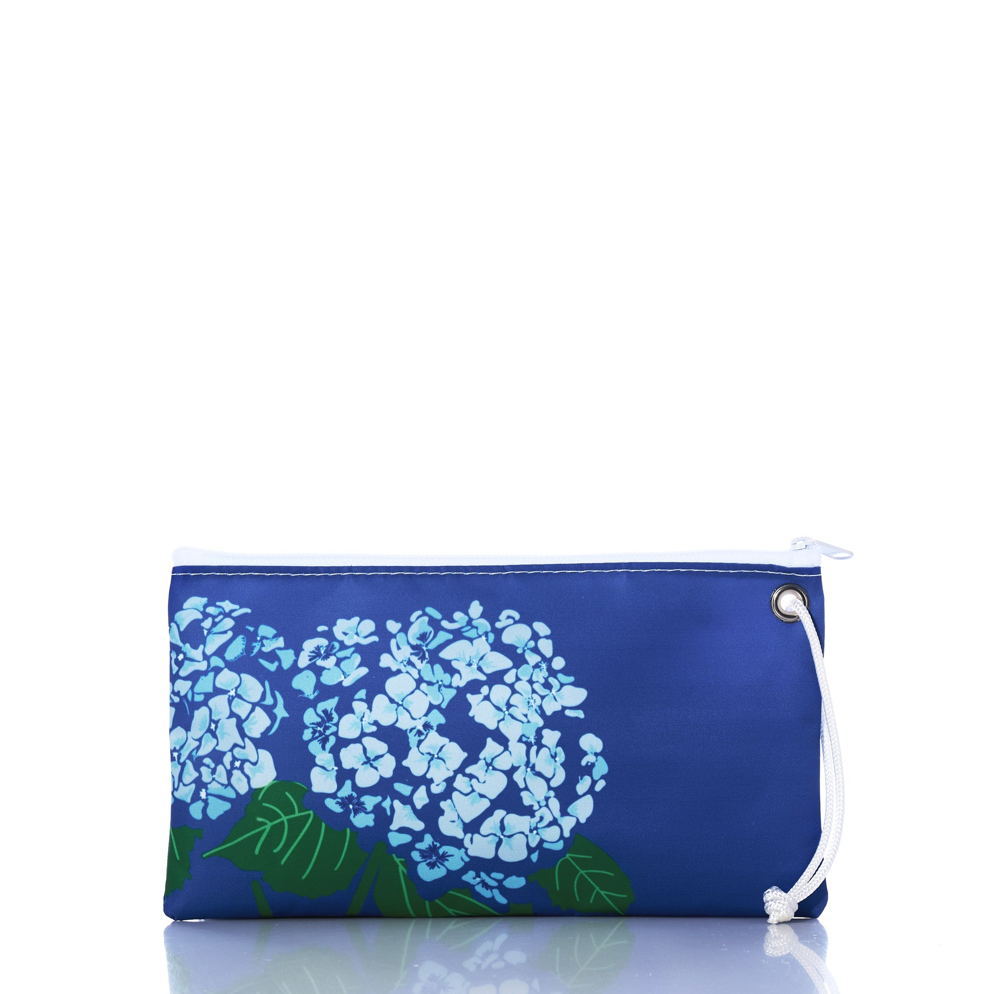 hydrangea on blue sail cloth field, wristlet