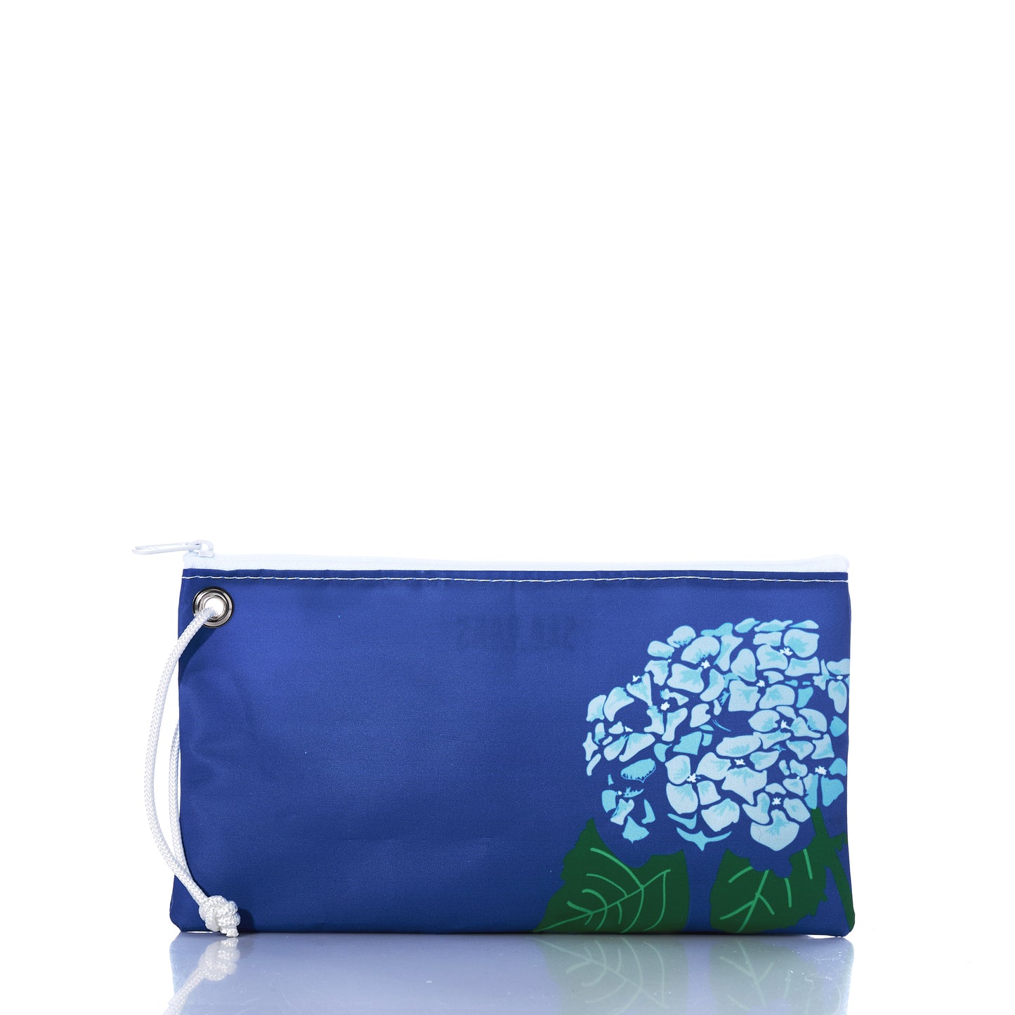 hydrangea on blue sail cloth field, wristlet