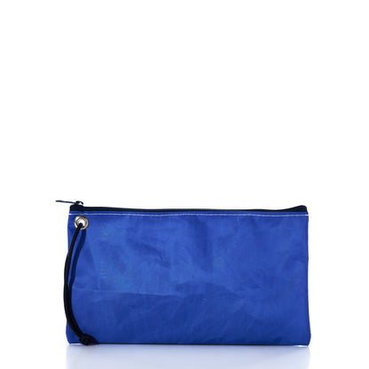 Introducing the Race Day Large Wristlet by Sea Bags—a rectangular blue zippered pouch made from recycled sail bags, featuring a black wrist strap. Displayed upright on a white background, this nautical accessory showcases the distinctive style of the Sea Bags brand. by Sea Bags