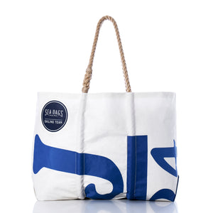 Race Day Vintage J24 Large Tote by Sea Bags, crafted from recycled sail material with blue designs and a sturdy rope handle. Features a SEA BAGS SAILING TEAM logo patch on the upper left corner. Photographed on a white background. by Sea Bags