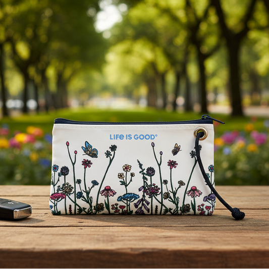 Floral-patterned pouch with 'Life is Good' text on a wooden surface with a park background
