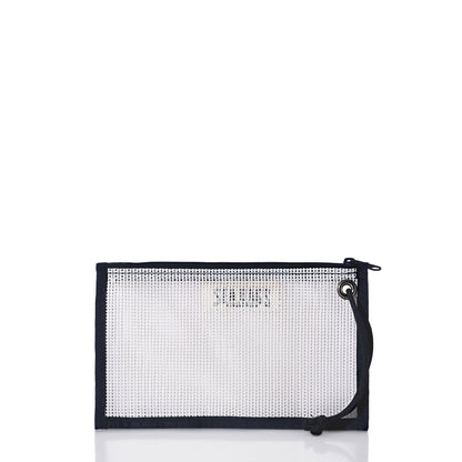 Introducing the Mesh Tote Organizer Pouch by Sea Bags—a rectangular white pouch crafted from durable marine-grade mesh, featuring black trim, a zipper closure, and a convenient black wrist strap. Displayed against a white background, this versatile organizer keeps your essentials secure and visible—ideal as a Beach Bag Organizer or Mesh Tote Organizer. by Sea Bags