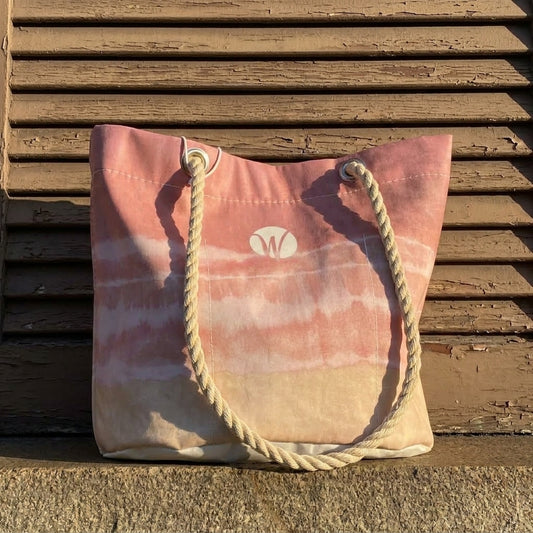 Shoreline Blush Essential Handbag in pink and tan tie-dye with thick, marine-grade rope handles.